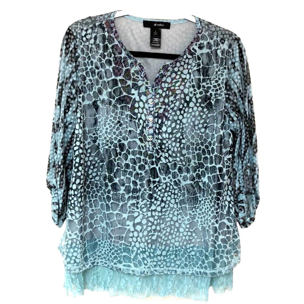 Ali Miles Animal Print Tunic Women S Lined Sheer Ruffle Artsy Feminine Fairy 3/4
